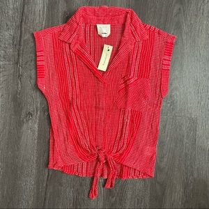 NEW Harper Heritage Boho Embroidered Red short sleeves Tie Front Button Down XS